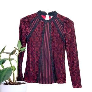 Red & Black Lace High Neck Blouse